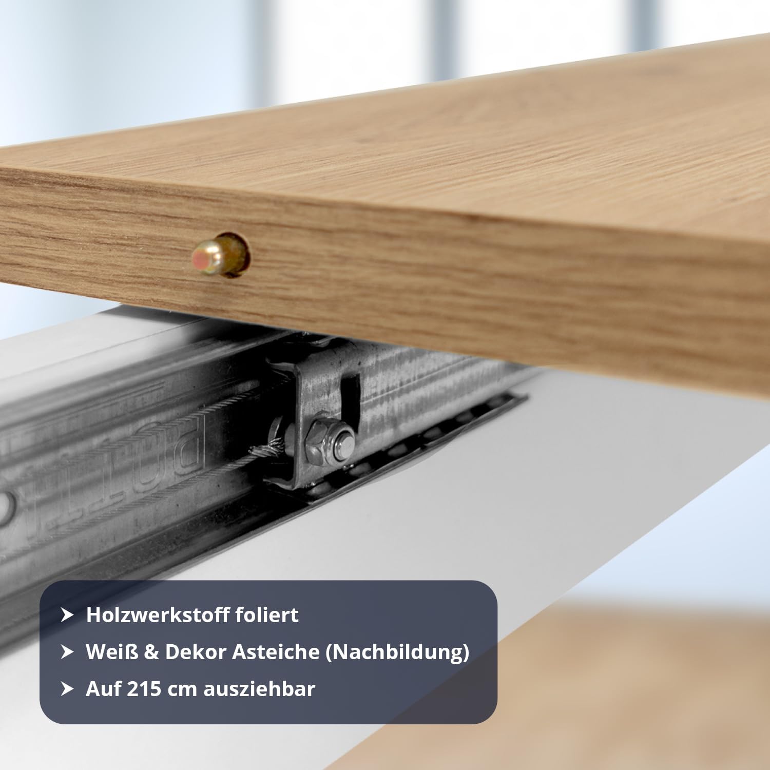 KHG Esstisch ausziehbar weiß Landhaus, Küchen-Tisch aus Holzwerkstoff weiß foliert, Deckplatte Holzoptik Asteiche foliert, 100kg belastbar, 160-215 x 75 x 90 cm (B/H/T)