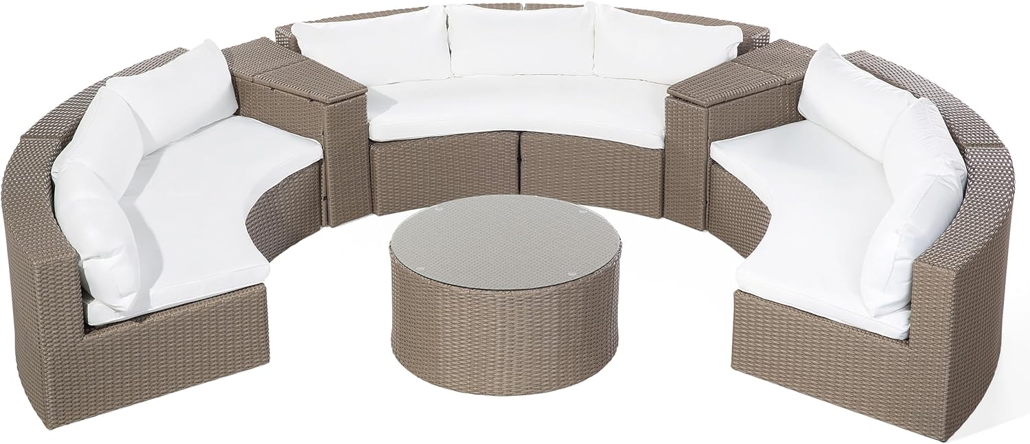 Beliani 9-Sitzer Lounge Set Rattan braun rund mit Auflagen weiß Couchtisch Severo