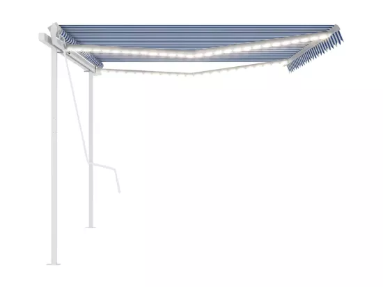 Auvent automatique capteur de vent et LED 5x3 m Bleu et blanc