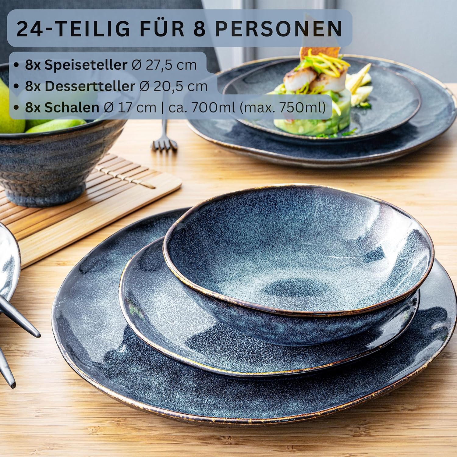 Sänger | Tafelservice Tokio 24 tlg, Geschirrset 8 Personen, Steingut Tableware Set, Essgeschirr, Modern Handmade, Essservice Dunkelblau mit schwarzen Akzenten| PREMIUM COLLECTION