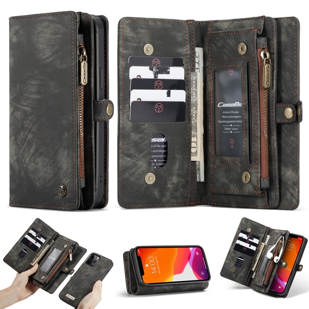 iPhone 12 / iPhone 12 Pro 2in1 Leder Tasche   Magnet Hardcase Karten Etui - Schwarz