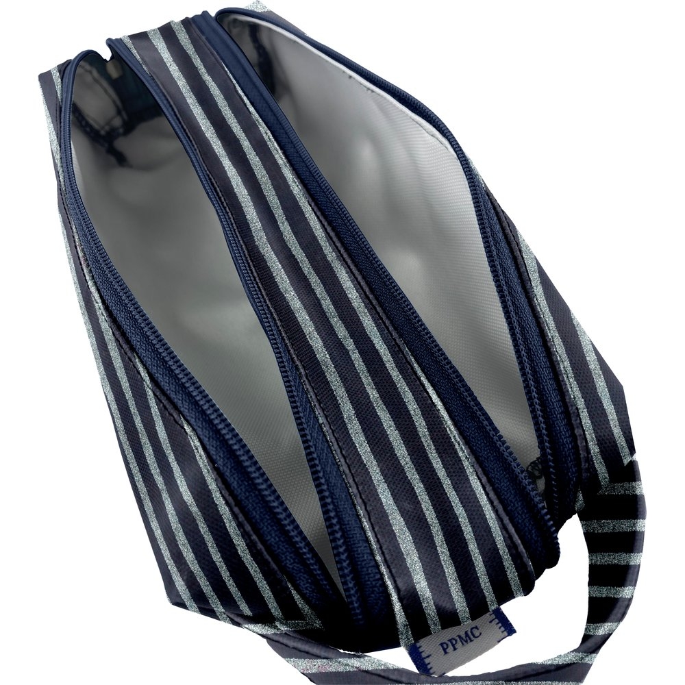 Trousse Double Compartiment Rayé Argent Marine
