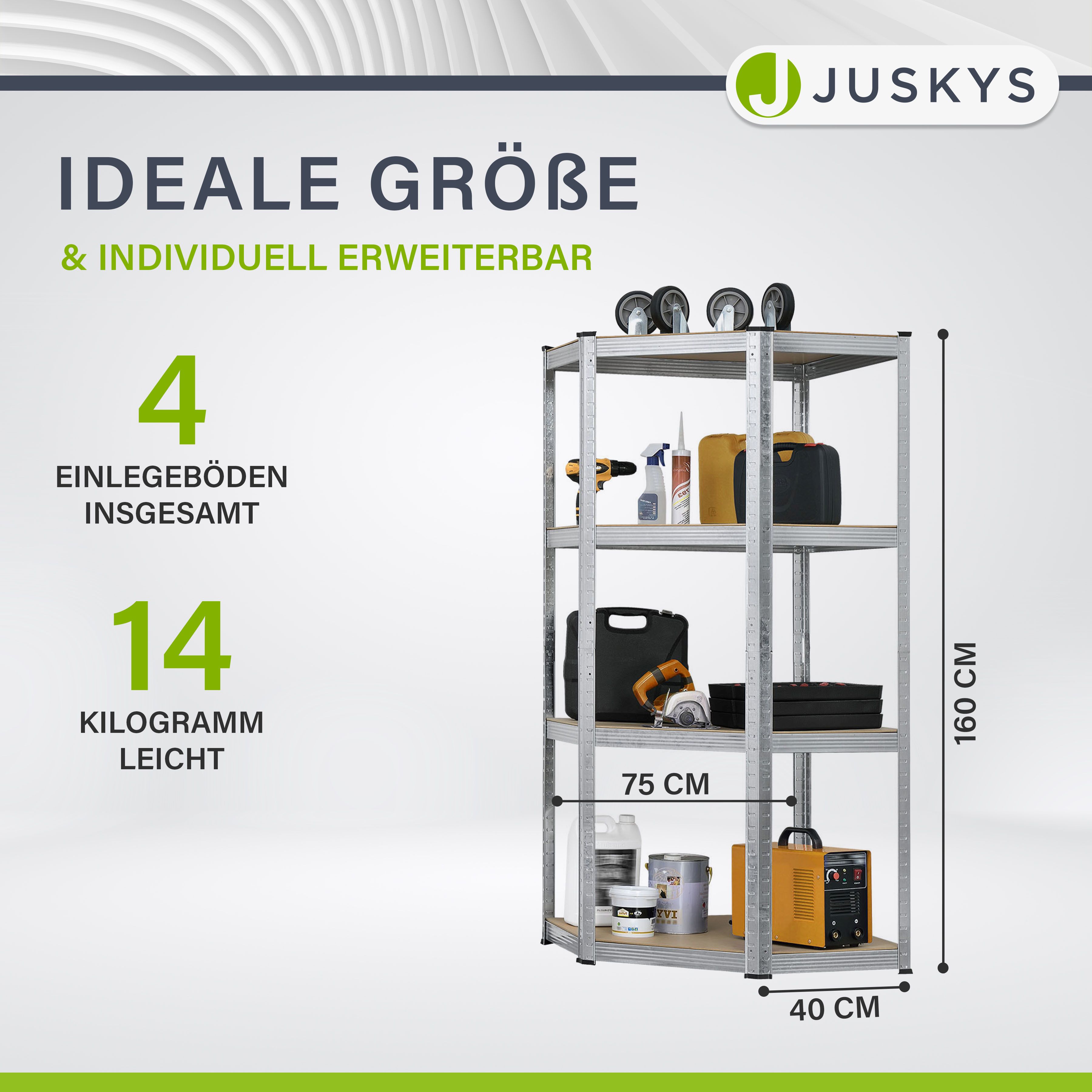 Juskys Lageregal Corner Easy 160 x 75 x 40-75 cm | 320 kg | 4 Böden | Schwerlastregal Metall