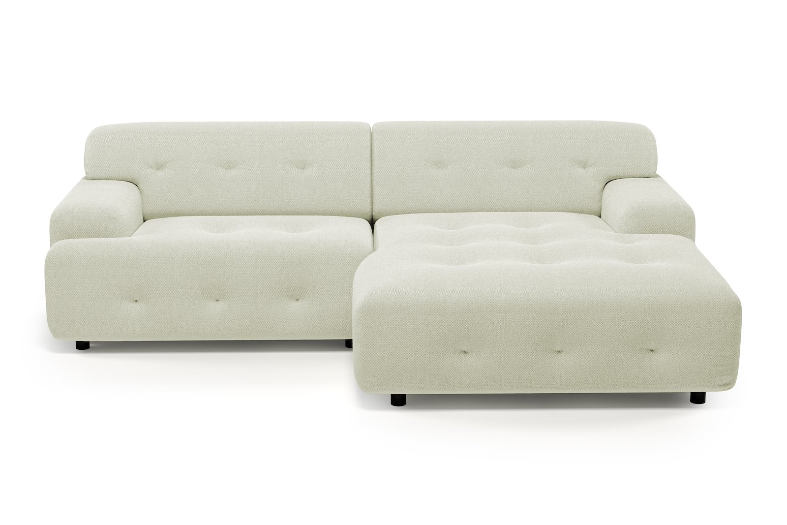 Bob sofa 1,5-seter med sjeselong høyre. Tekstil Mito 01 Antique White med sorte ben.