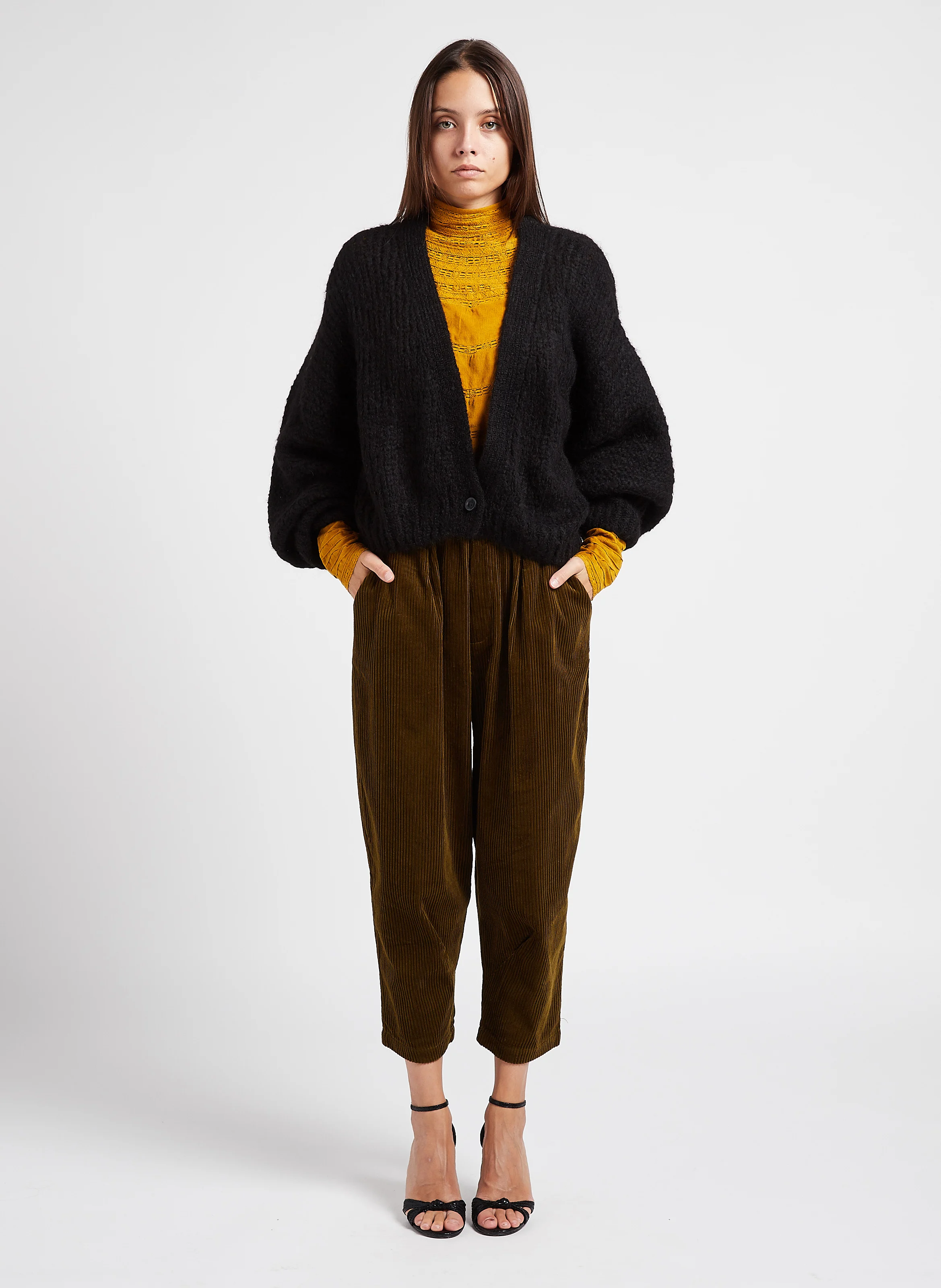 CRYSTA - Pantalon carotte en coton côtelé| Kaki