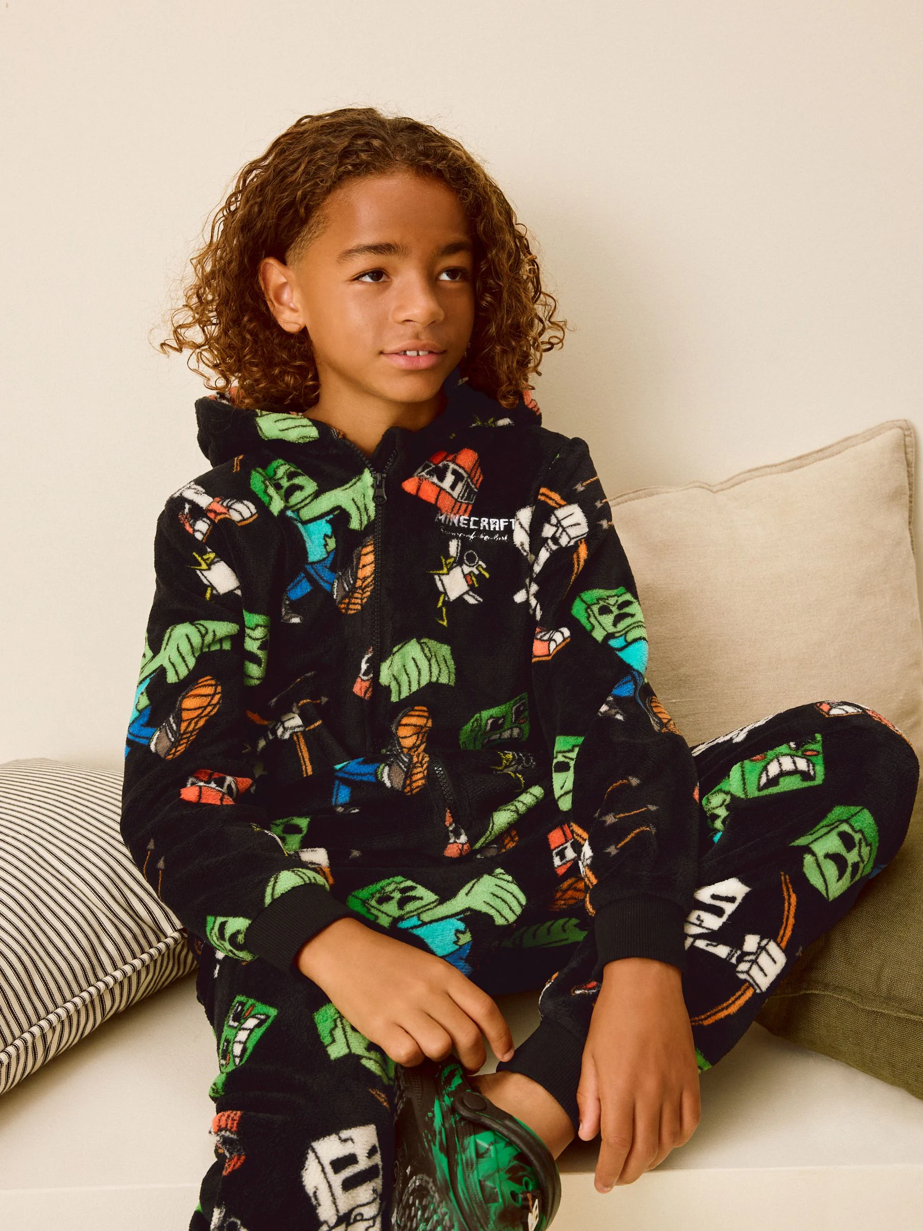 Zwart/groen Minecraft - Fleece onesie (5-14 jr)