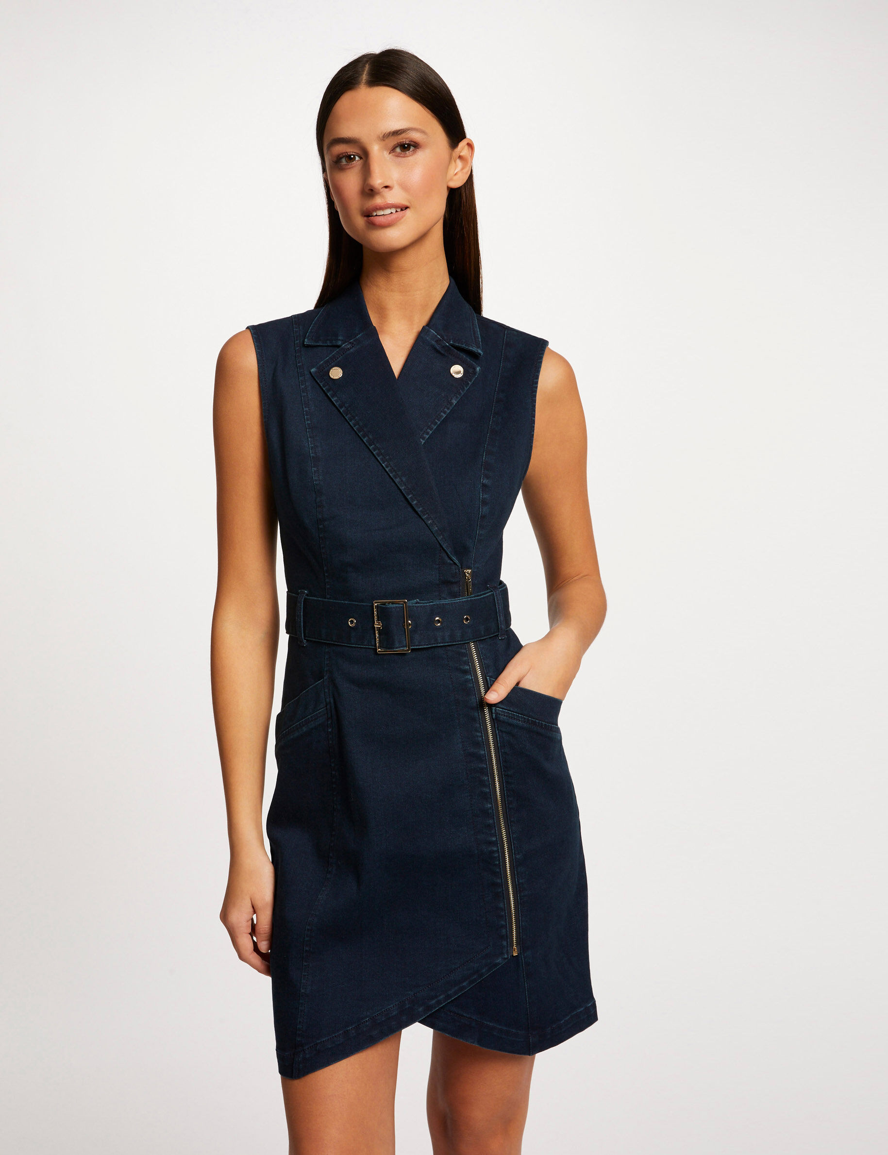 Robe ajustée drapée sans manches en jean jean brut femme - jean_brut