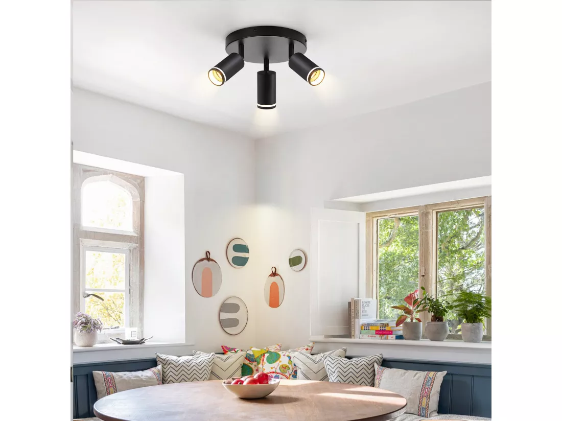 NETTLIFE Plafonnier noir moderne : 3 spots de plafond orientables en métal, plafonnier GU10, pour chambre, salle à manger, sans ampoule