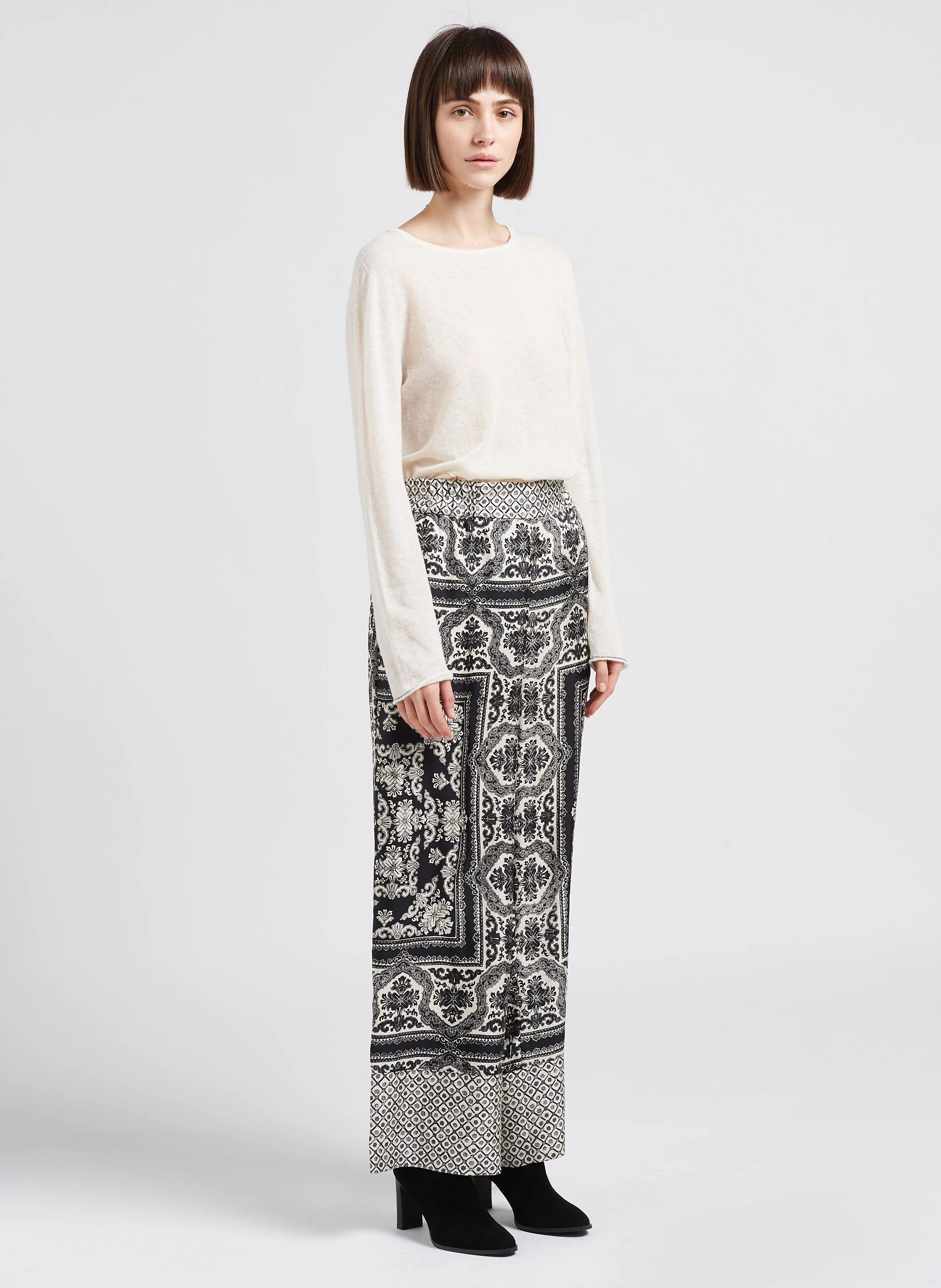 CAMILLE BIS - Pantalon large imprimé en soie| Blanc