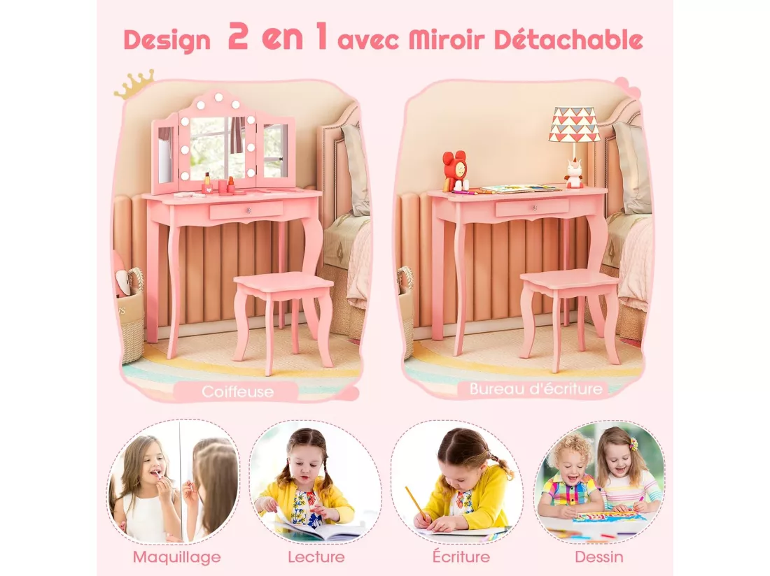 2 en 1 Coiffeuse Enfants et Tabouret avec Miroir Amovible à Trois Volets & Lumières LED, Table de Maquillage Princesse avec Tiroir de Rangement, Bureau Enfants de 3 Ans+, 70x34x103CM(Rose)