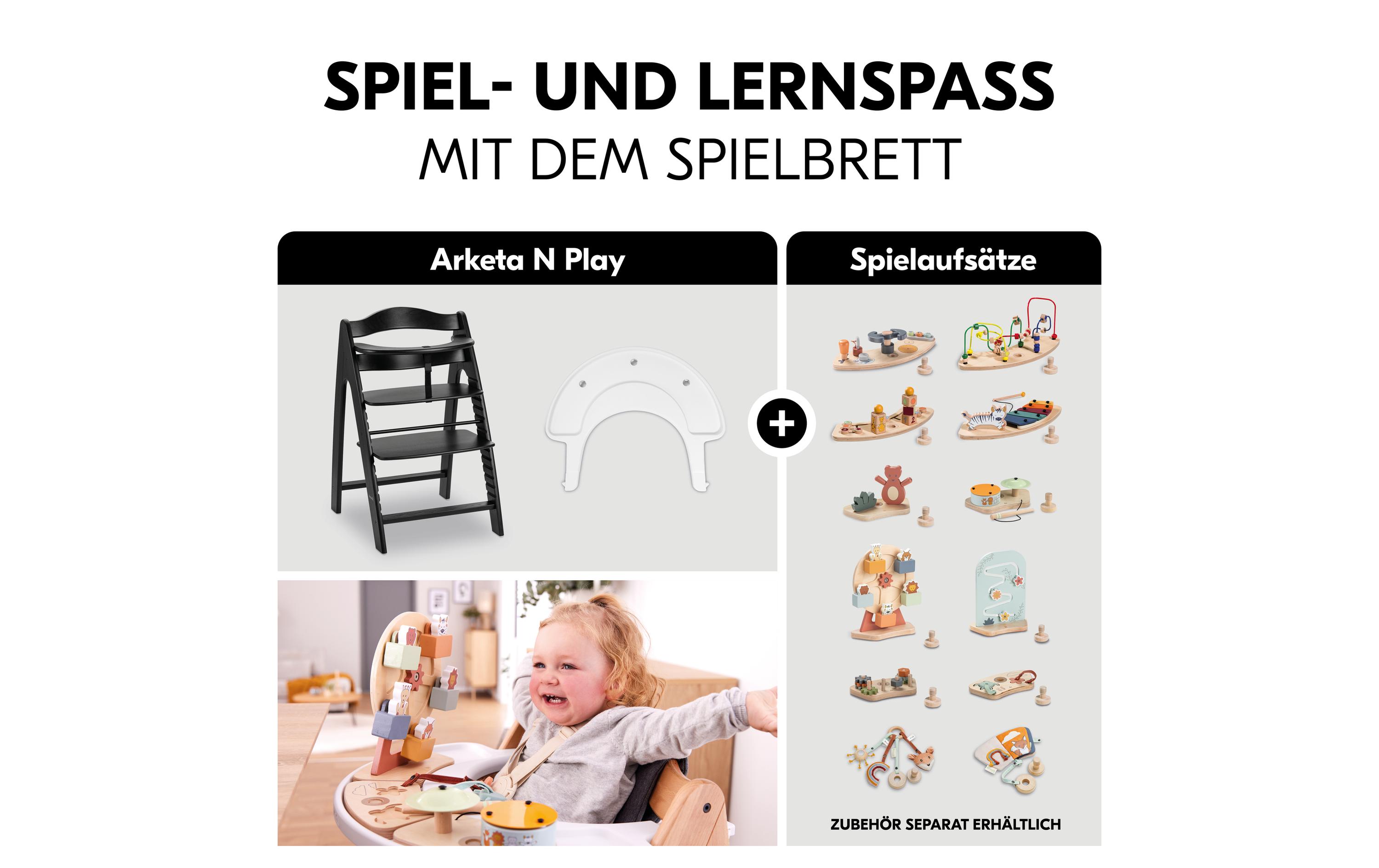Hochstuhl Arketa N Play Blackwashed<br>Stilvoller Holzhochstuhl mit Play Tray im Set