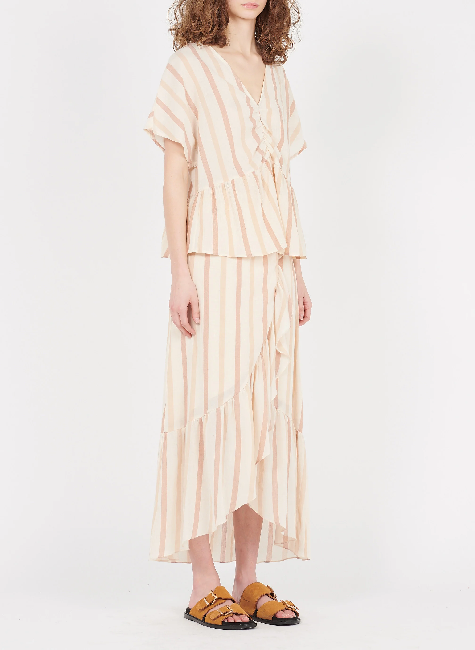 ISELIN - Top col V rayé en coton | Beige