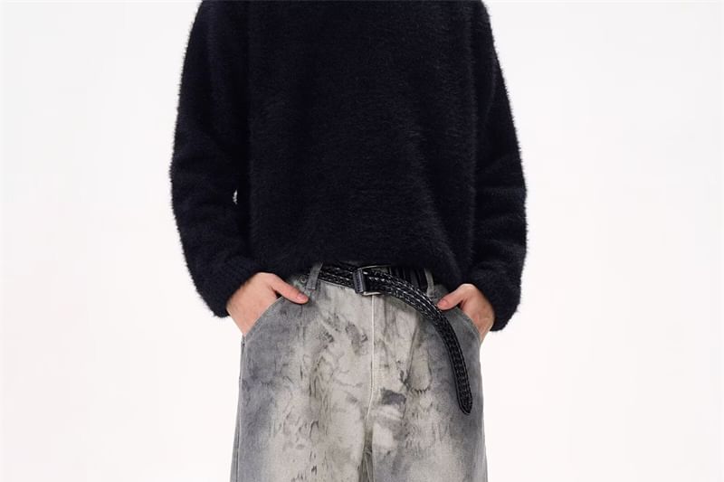 AXEN - Mid Rise Print Washed Wide Leg Jeans