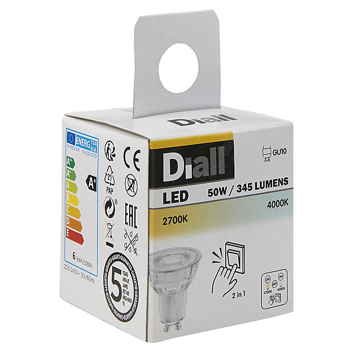 Ampoule LED GU10 spot Diall 5,2W=50W blanc chaud + blanc neutre