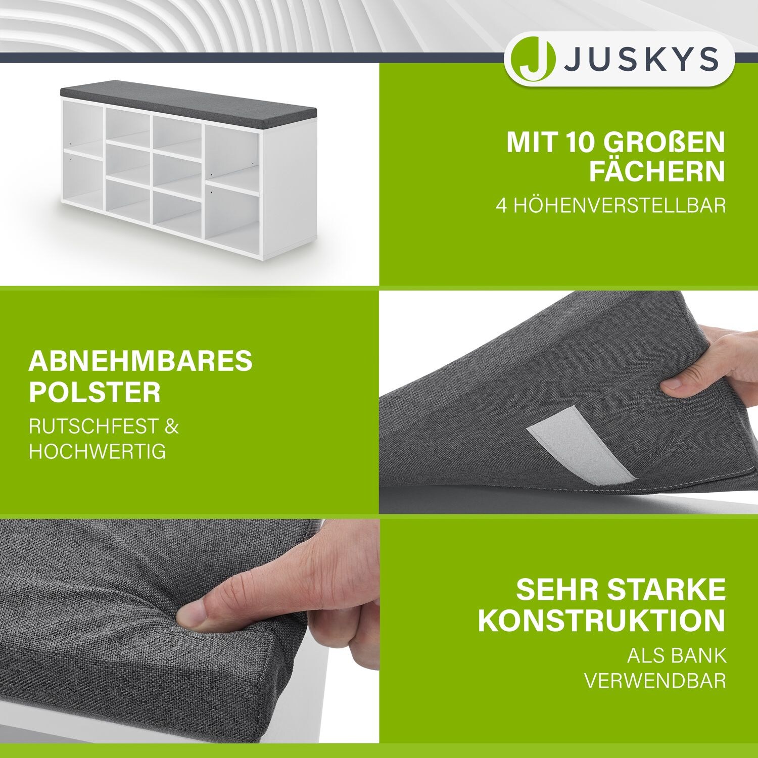 Juskys Schuhregal Holz mit Polsterung & 10 Fächern höhenverstellbar 104x30x48 cm bis 150 kg Weiß