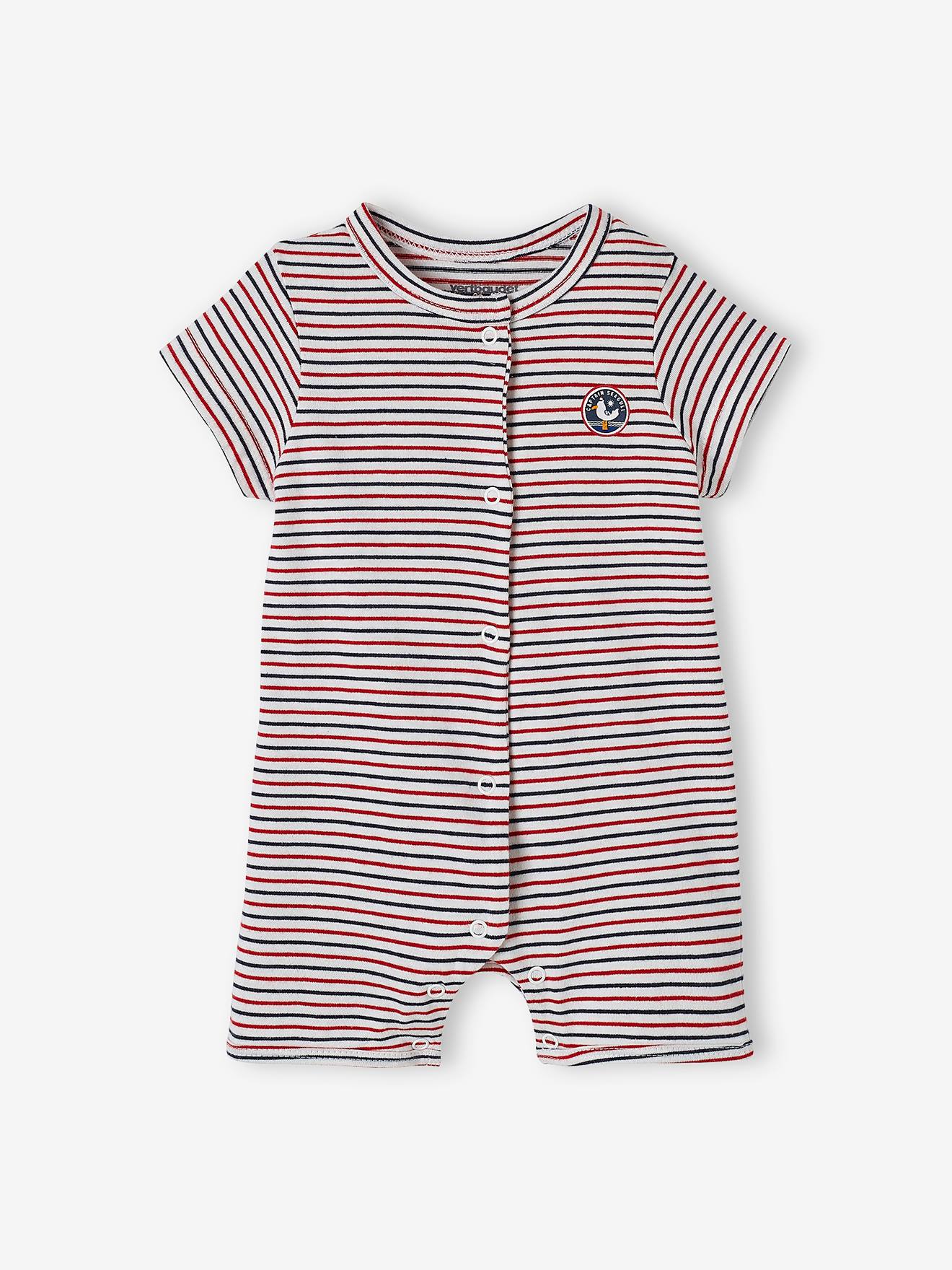 Conjunto com 2 pijamas curtos para bebê menino, modelo body, em dois tons de branco claro/multicolorido, com certificação Oeko-Tex®.