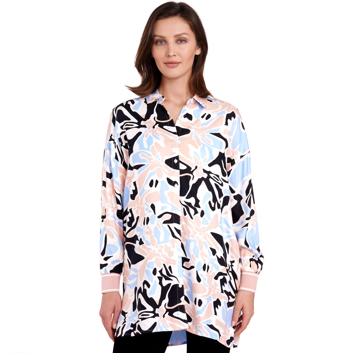 Gina Benotti Damen Longbluse mit abstraktem Muster weiss / rosa / hellblau