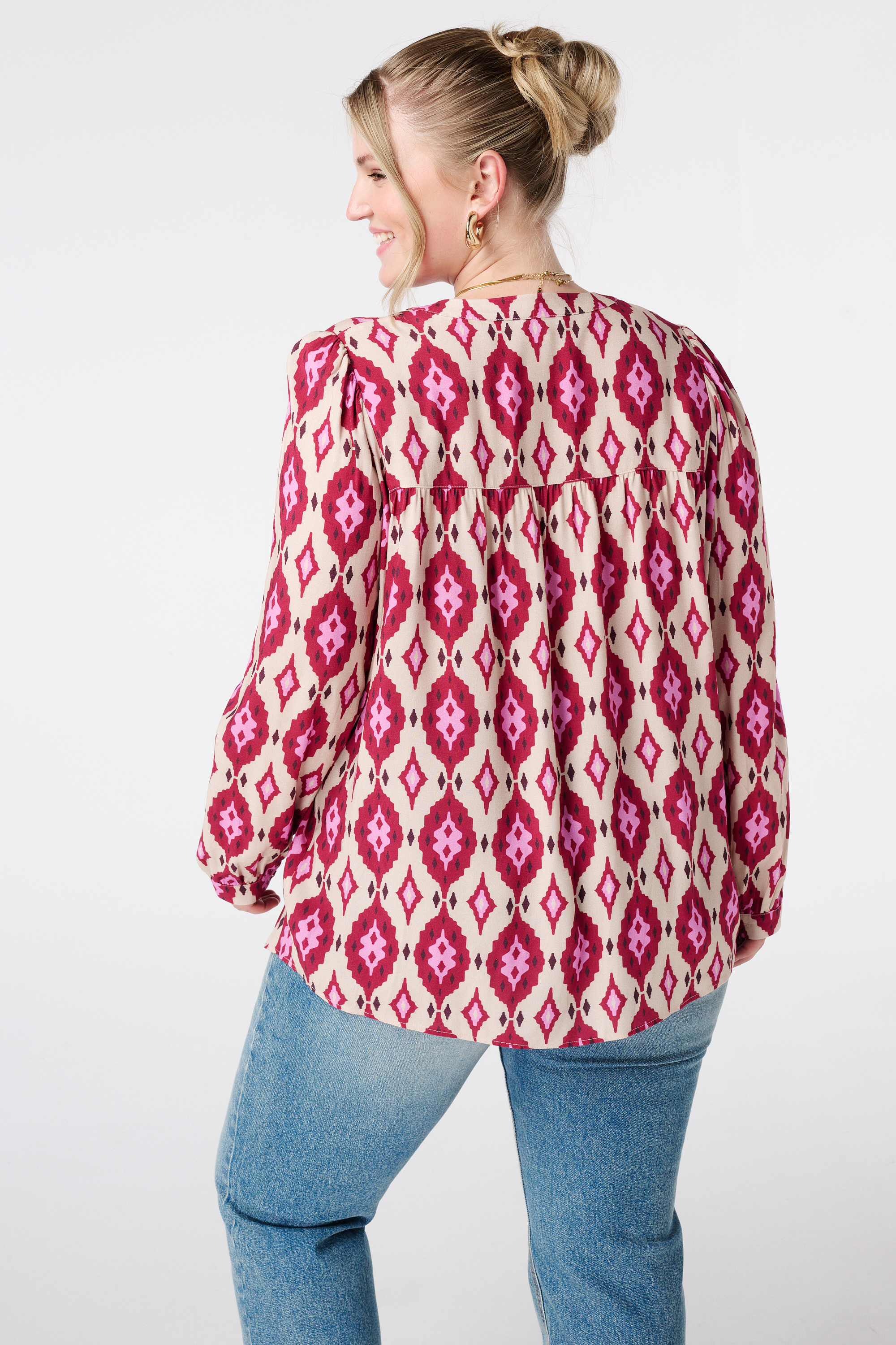 Blouse met print en klosjes Multi Bessen rood