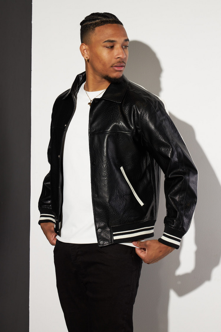 Bomber noir et écru en simili cuir