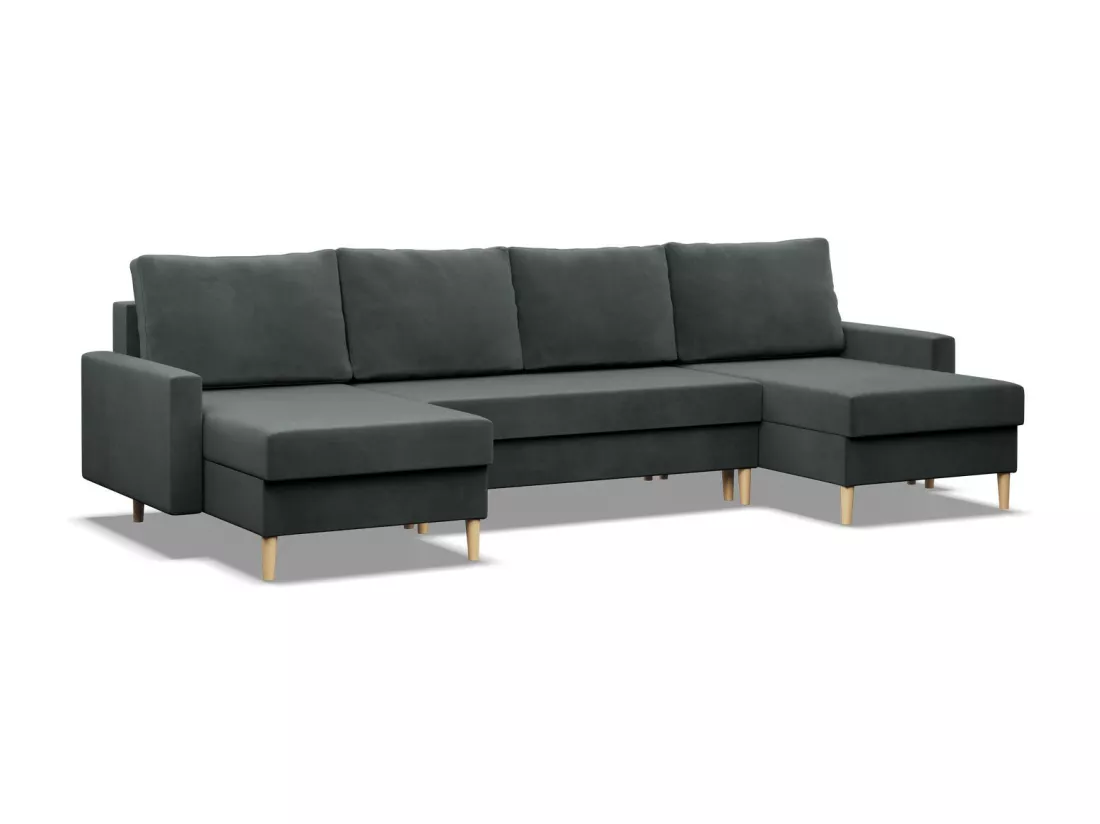 Canapé d'angle en U avec fonction sommeil, 3 coffres-lits, Coussin réversible, Gris