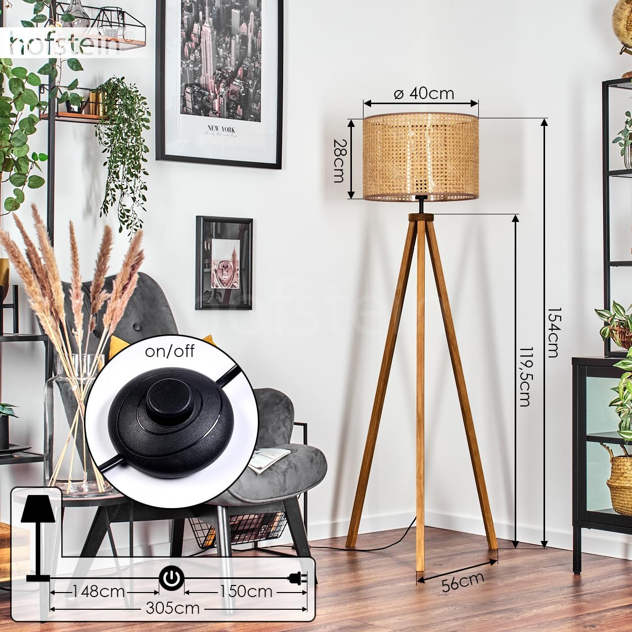 Stehleuchte Barcos, Stehlampe aus Holz/Wiener Geflecht/Rattan in Naturfarben/Schwarz, Leuchte im skandinavischen Design mit rundem Schirm (Ø 40cm) u. Fußschalter, Höhe 154cm, 1x E27, ohne Leuchtmittel