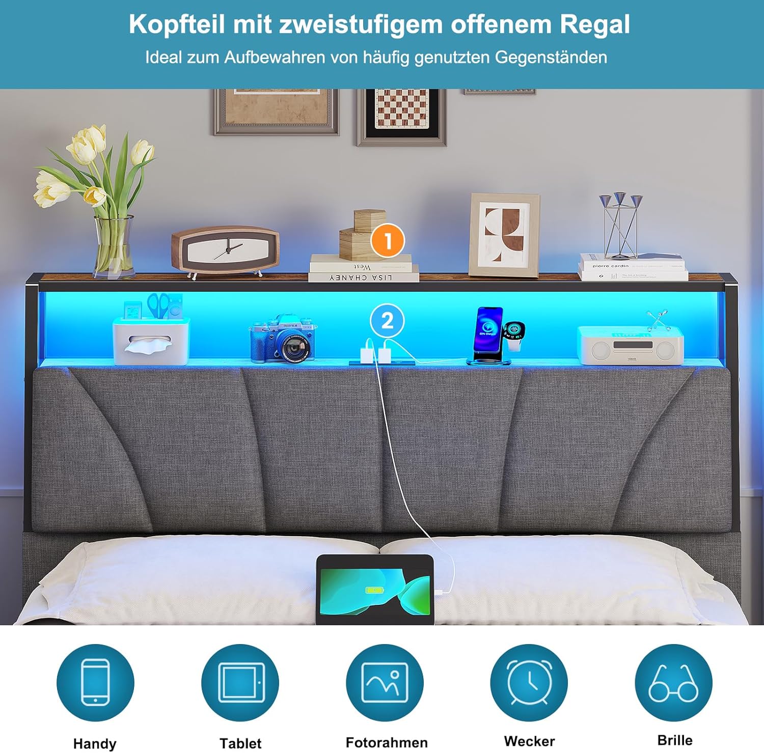 Bett 140x200 mit Lattenrost aus Metall, Bettgestell 140x200cm mit LED Beleuchtung Metallbett 140x200 mit Kopfteil & Ladestation(2 AC-Steckdosen& 2 USB-Anschlüsse) Jugendbett Doppelbett, Grau