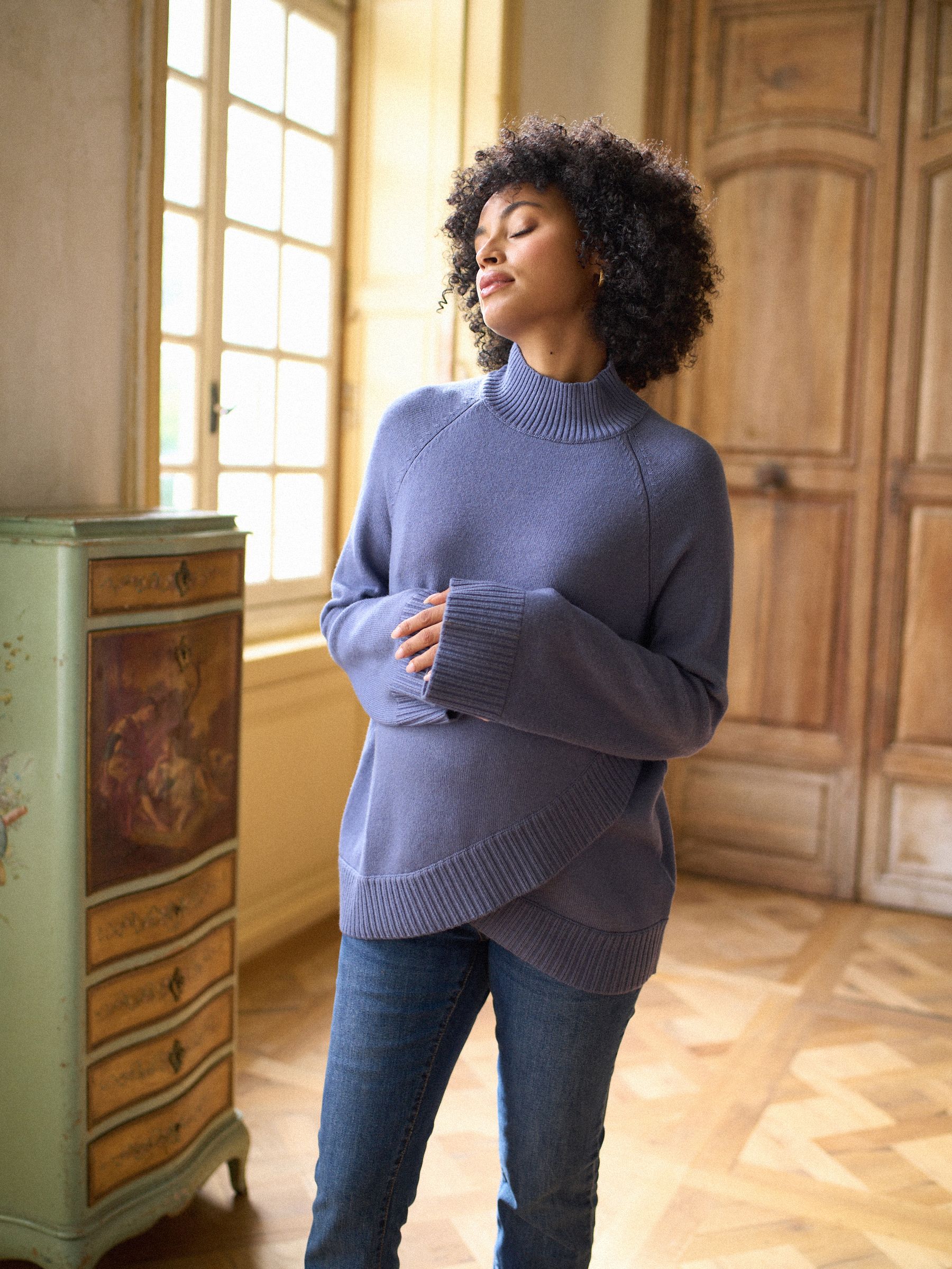 Blauw - Seraphine Maternity and Nursing Cross Over Roll Neck Jumper