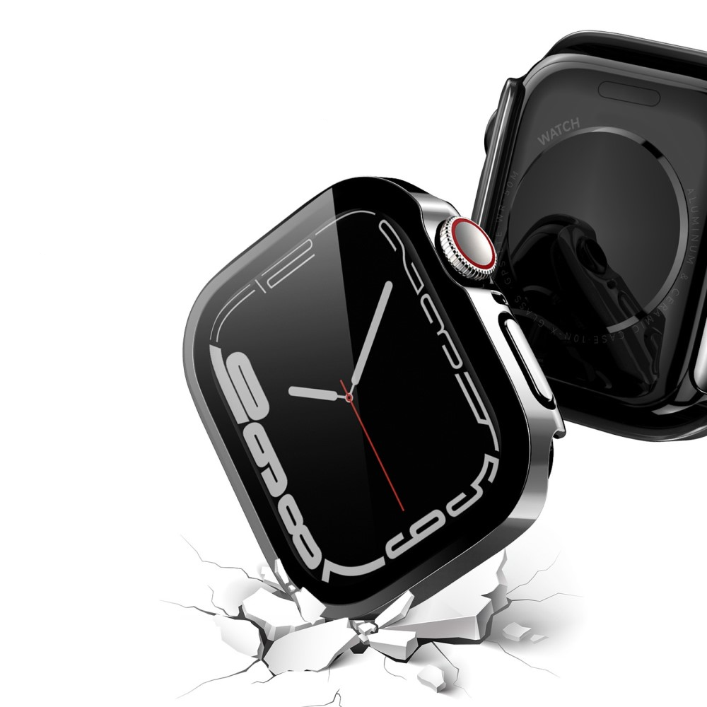 Apple Watch (44mm) Hardcase Bumper Hülle mit Galvanisiertem Rahmen   Display Schutzglas - Schwarz