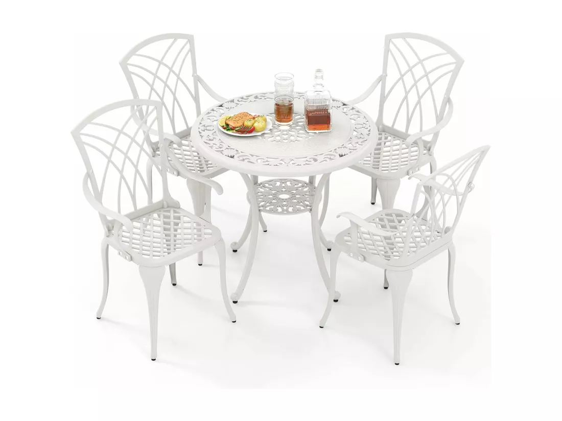Ensemble Bistrot pour Patio 5 Pièces en Fonte d'Aluminium, Table Ronde avec Trou pour Parasol et 4 Chaises, Salon de Jardin Résistant aux Intempéries pour Jardin Terrasse, Blanc