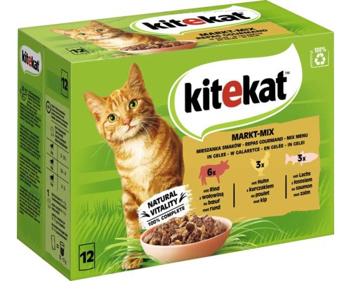 Kitekat natvoer voor katten Maxipack Market Mix in gelei 12x 85g, 1.020 kg, rundvlees, kip, zalm
