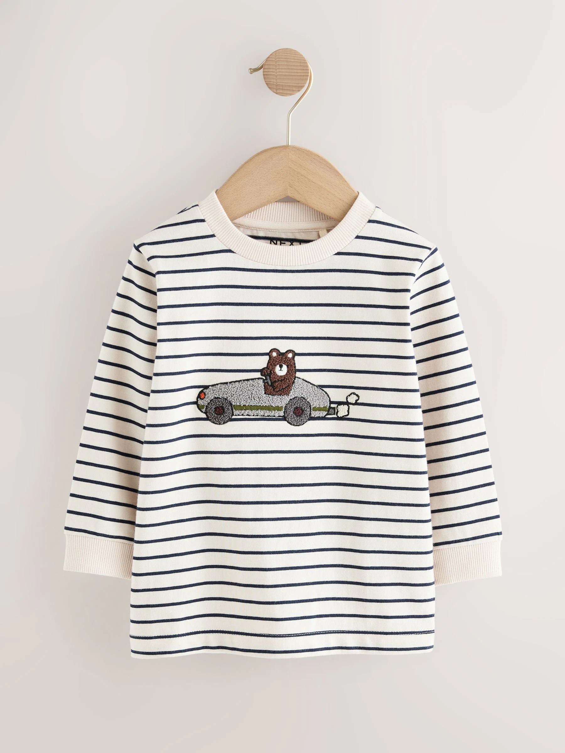 Wit/blauw gestreepte berenauto - T-shirt met applicatie en lange mouwen (3 mnd-7 jr)