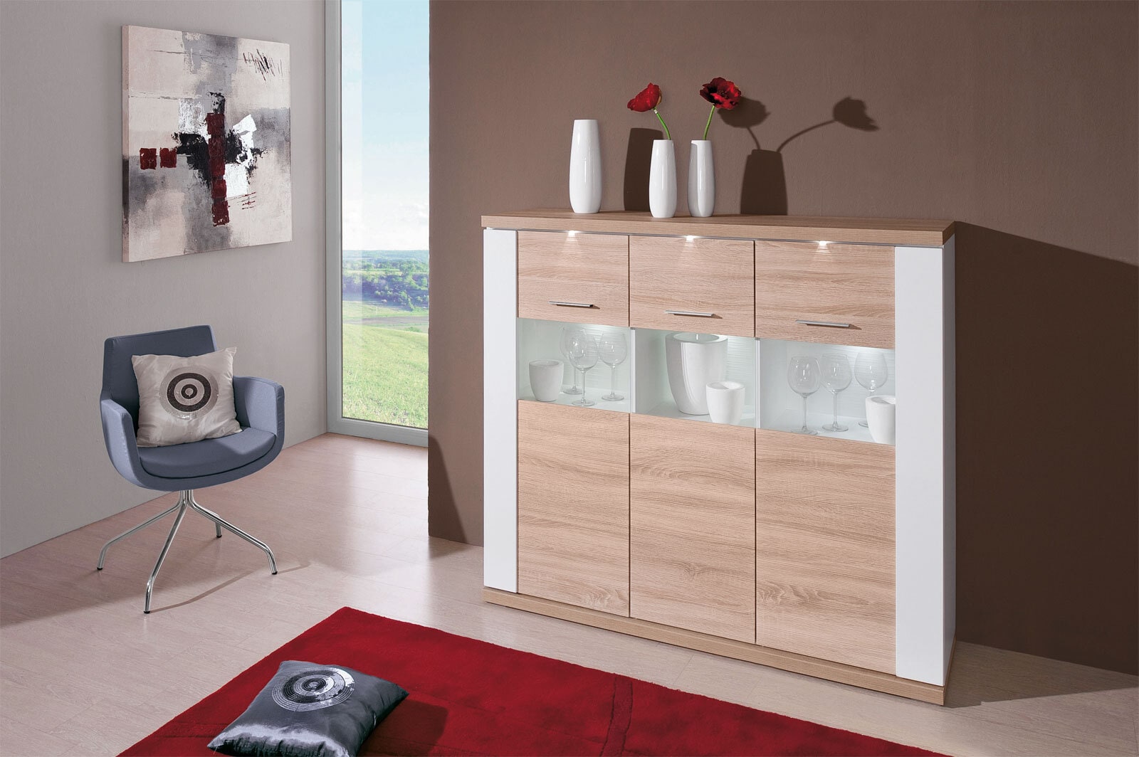 Highboard Manhattan weiß Arctic Hochglanz/Eiche sägerau