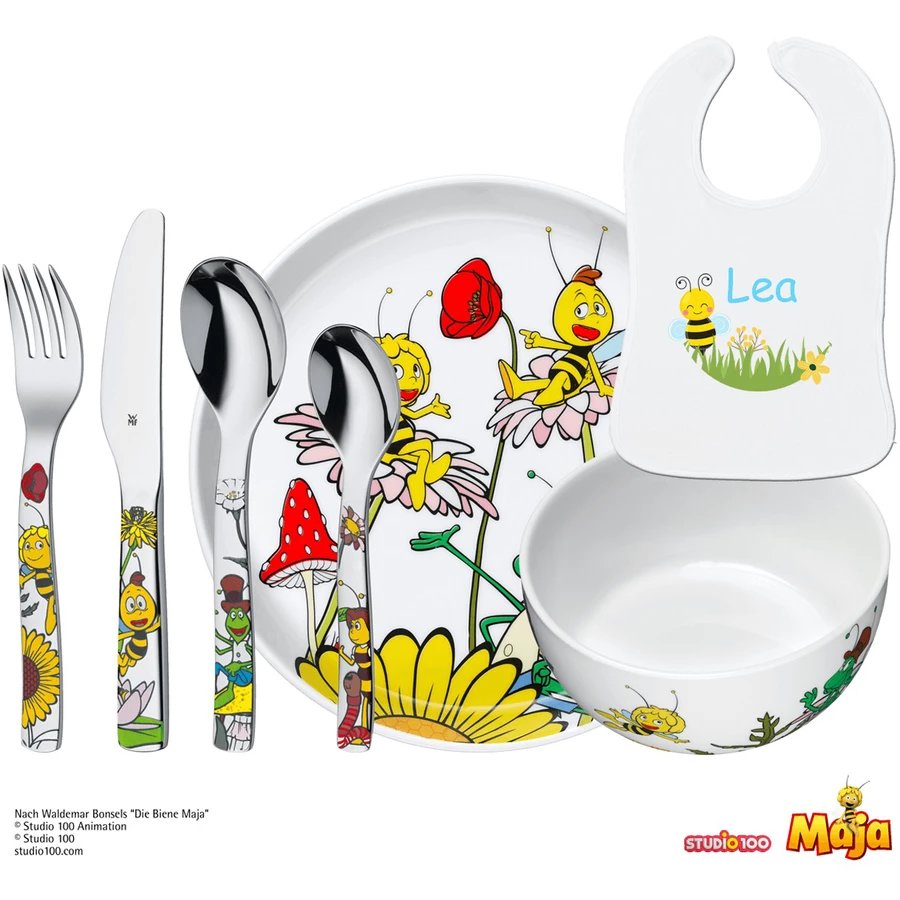 Schnullireich Geschenkset mit Namen Biene Maja: WMF Kinderbesteck + TellerSchale+ Lätzchen Silber