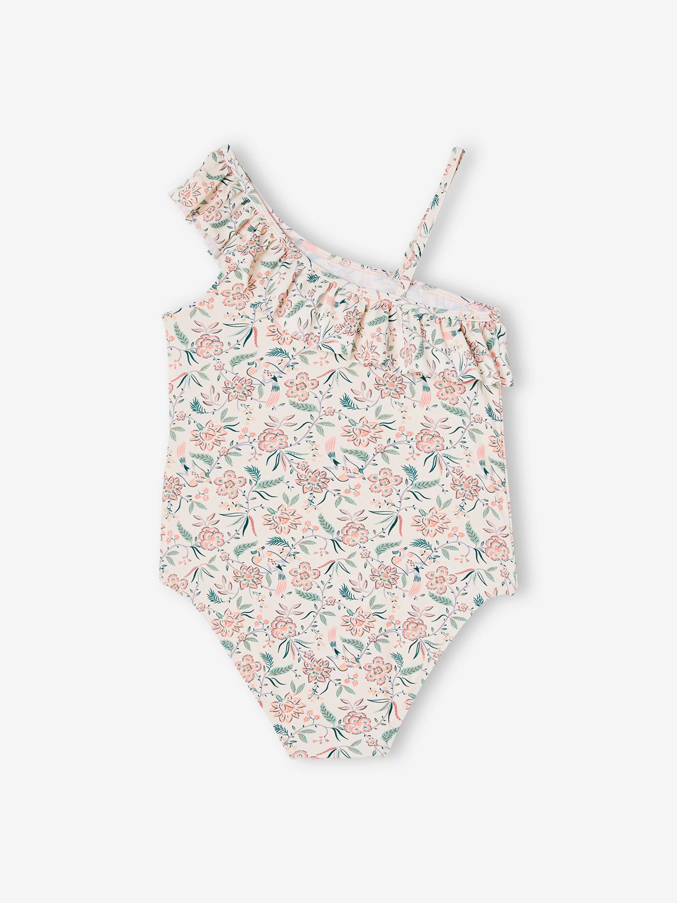 Maiô assimétrico com estampa e babados para meninas, cor pêssego.