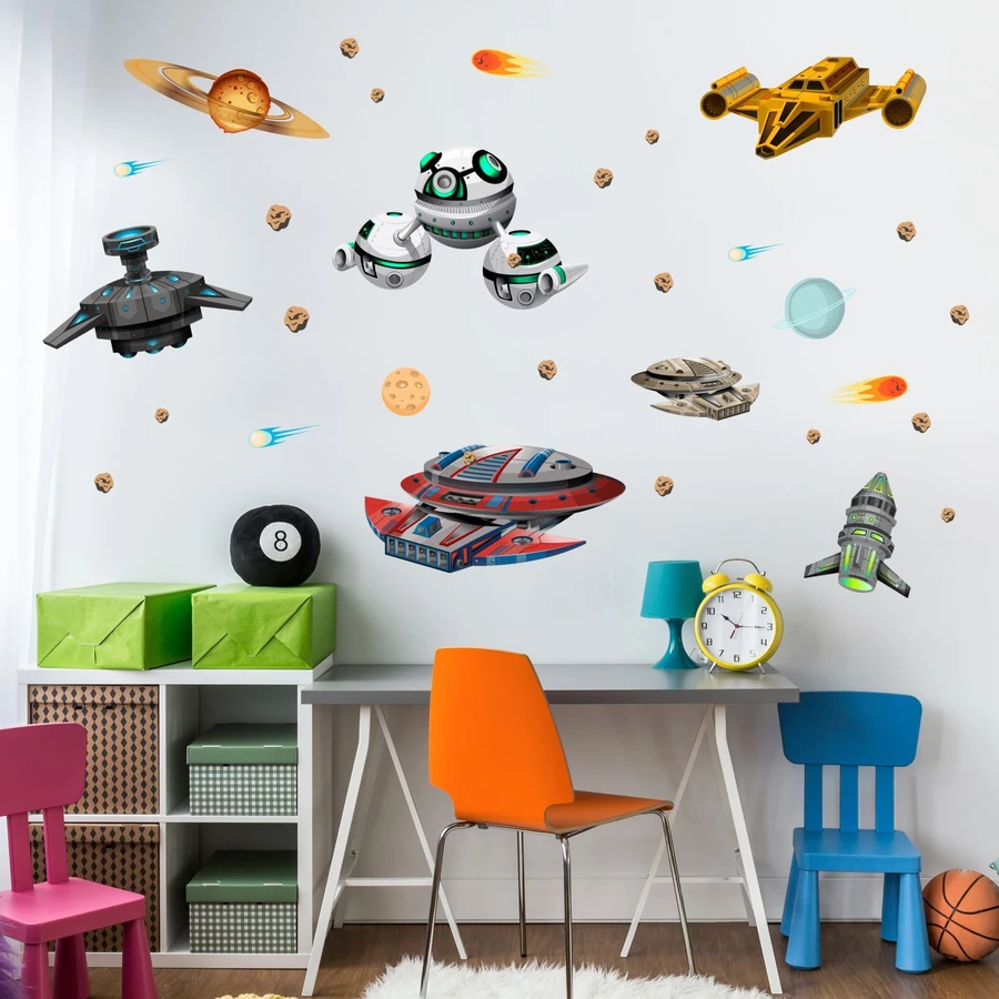 Nikima Wandtattoo 022 Wandtattoo Raumschiffe UFO Space Shuttle Planet Weltall Meteorit bunt