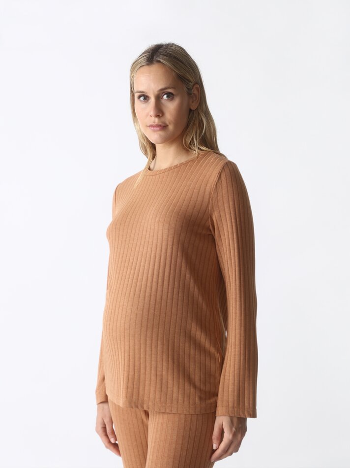 Camiseta de maternidade em malha canelada - Mostarda