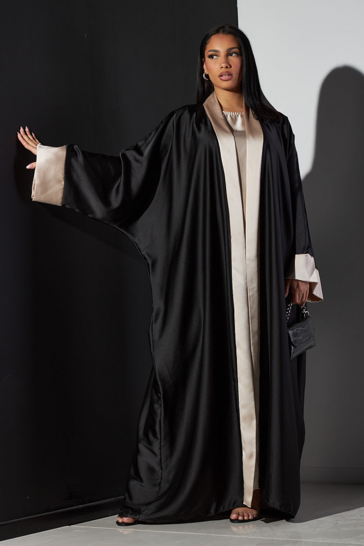 Ensemble 2 pièces robe + kimono noir à bandes beige