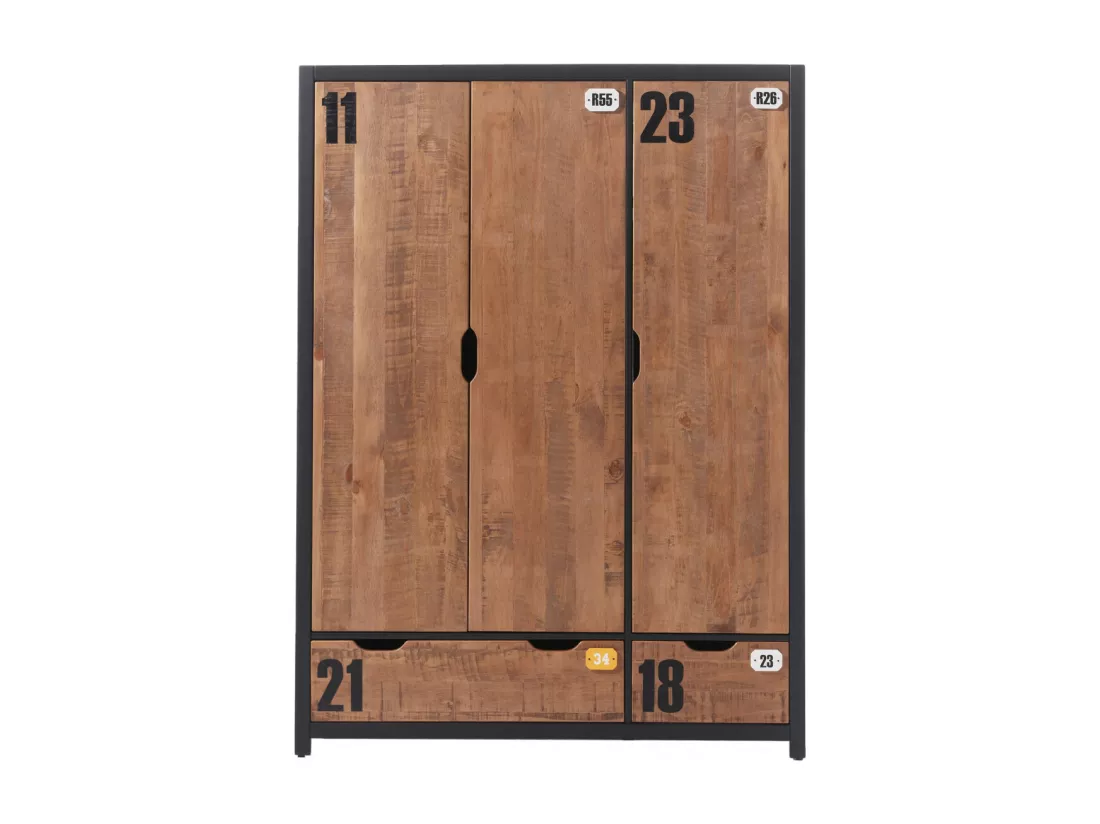 TCHAD - Armoire 3 Portes 2 Tiroirs en Pin Massif avec Motifs