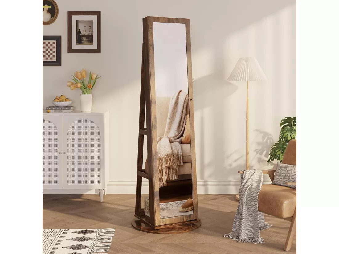 Armoire à bijoux pivotante, avec miroir pleine longueur et avec des clés, 55x55x160cm