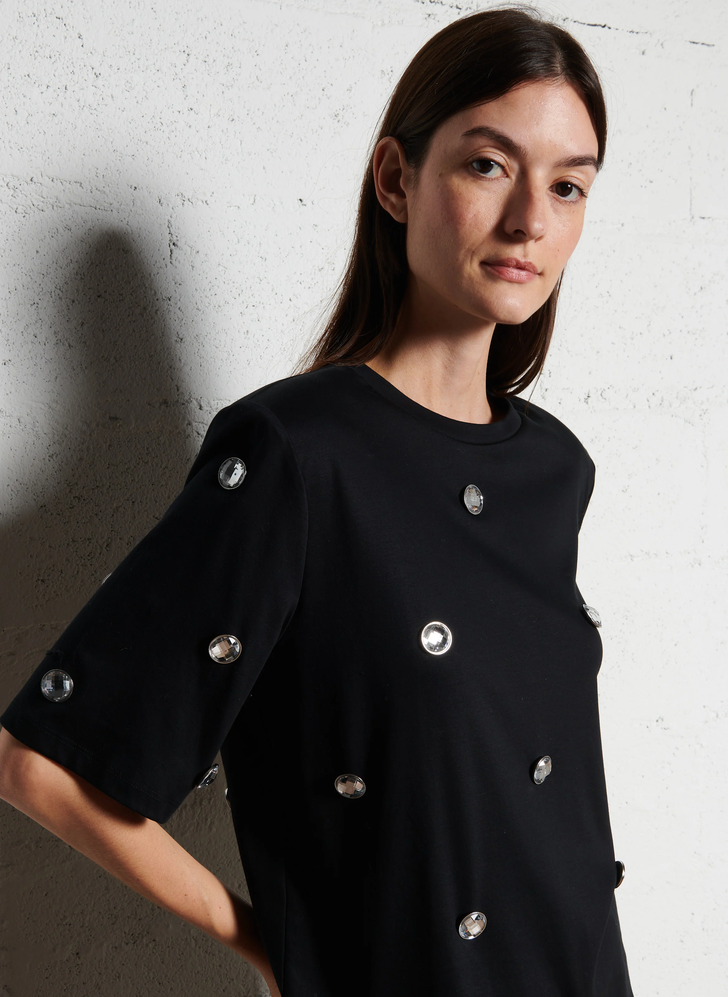 ESTUD - Tee-shirt col rond orné de diamant en coton | Noir