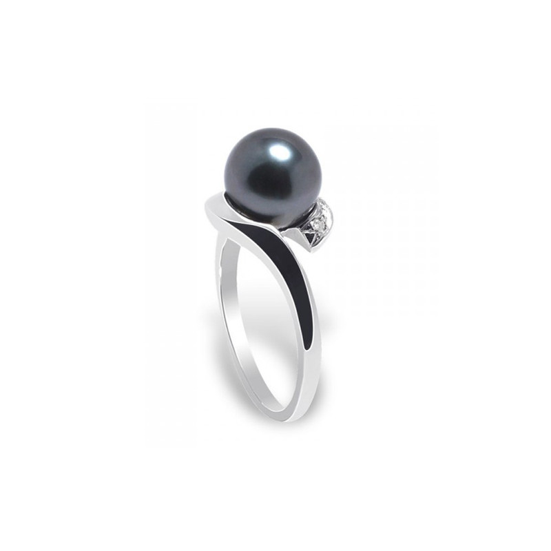 Bague Femme Perle de Tahiti, Diamants 0.06 ctset Or blanc 375/1000