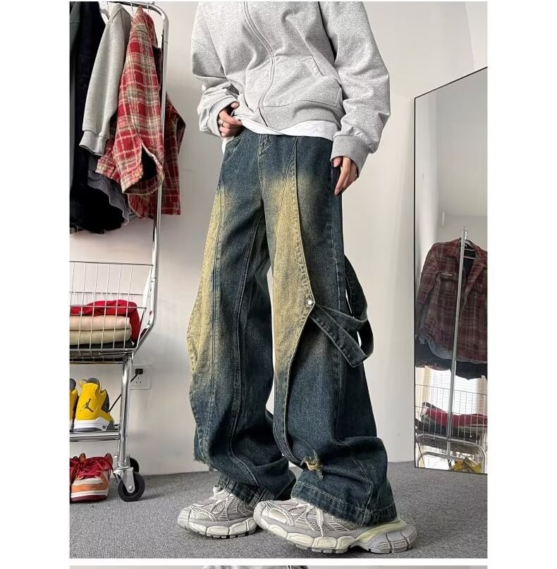 Kenning - Mid Rise Distressed Strappy Wide Leg Jeans