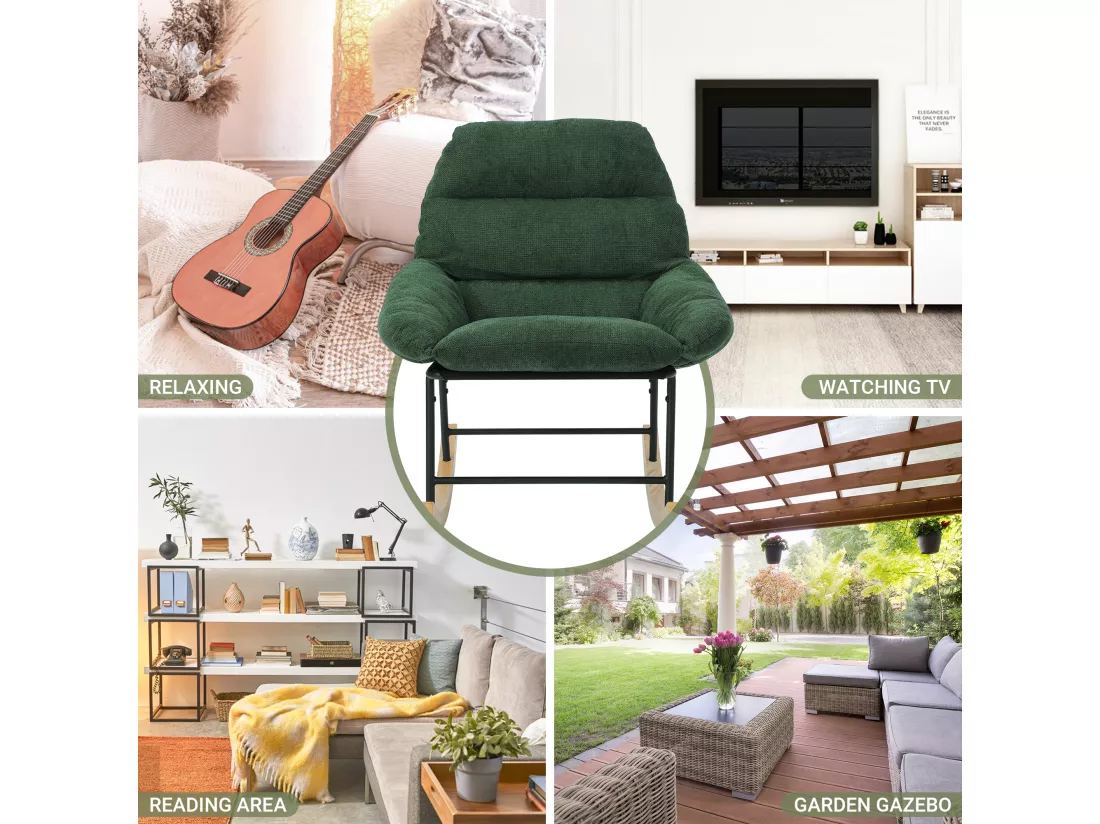 Fauteuil à bascule avec Coussin et pieds en bois massif, en tissu chenille vert, Allaitement, Profondeur d'assise 52cm, pour Chambre Salon