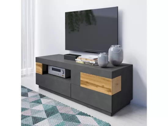 Meuble TV 160cm collection KILES. Coloris gris anthracite et chêne. Style design.