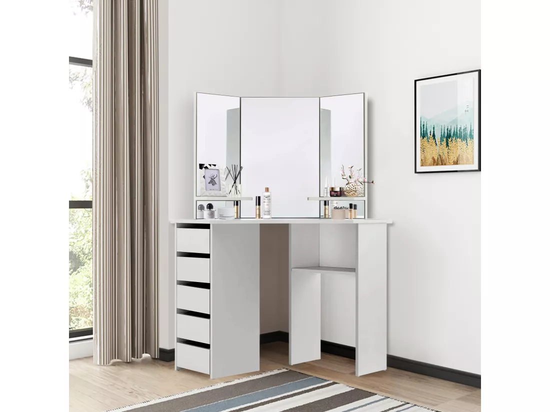 Table de coiffeuse maquillage blanc avec miroir tiroirs et étagères de stockage