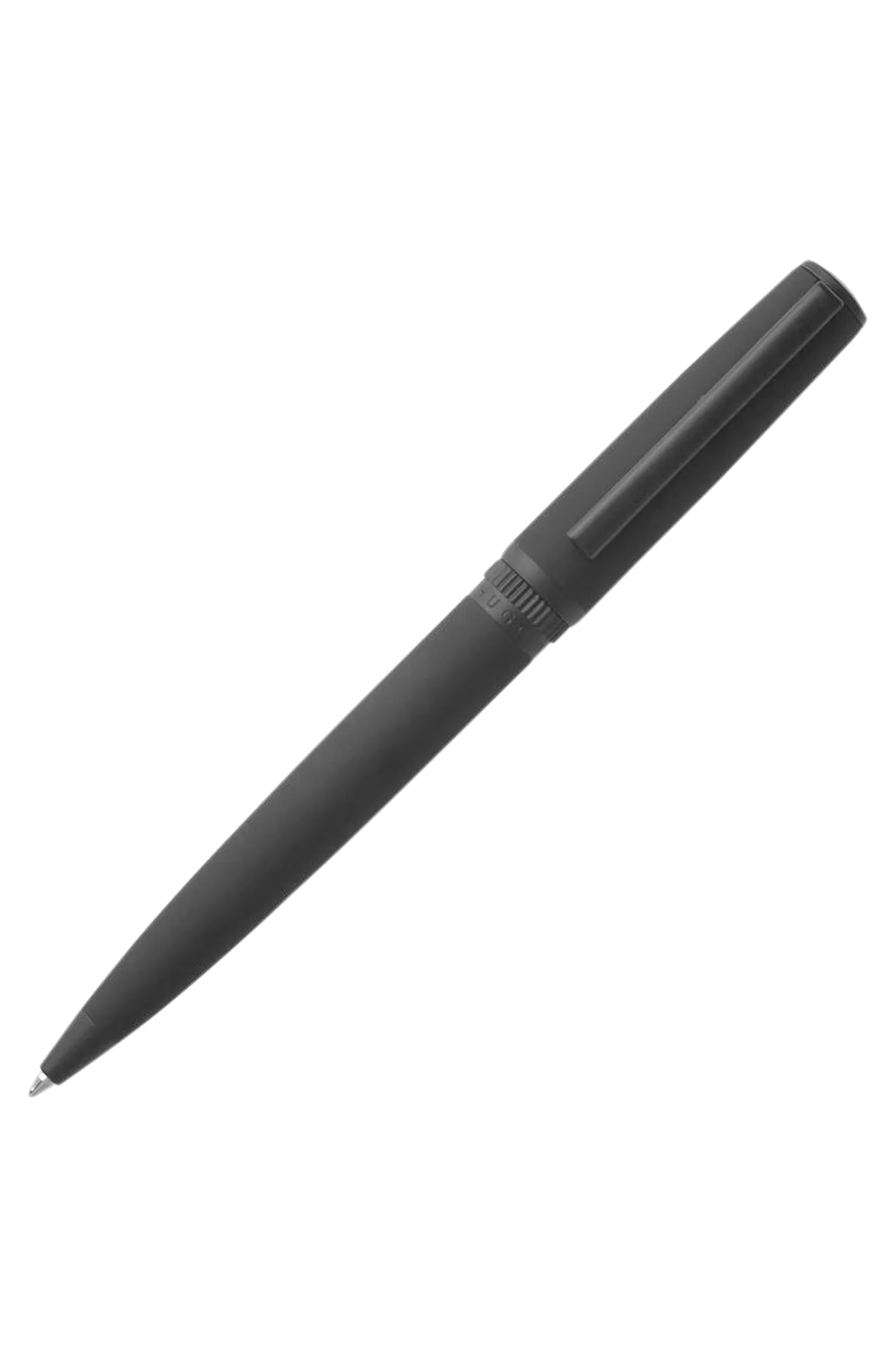 Caneta esferográfica BOSS preta com acabamento em laca preta fosca e anel com o logotipo.