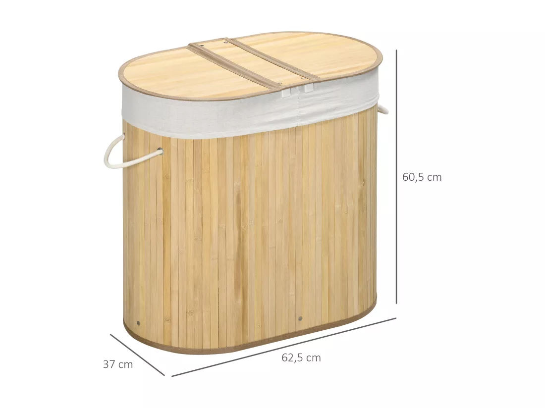 Panier à linge corbeille à linge bac à linge 100 L 2 compartiments couvercle sac amovible 2 poignées tissu bambou