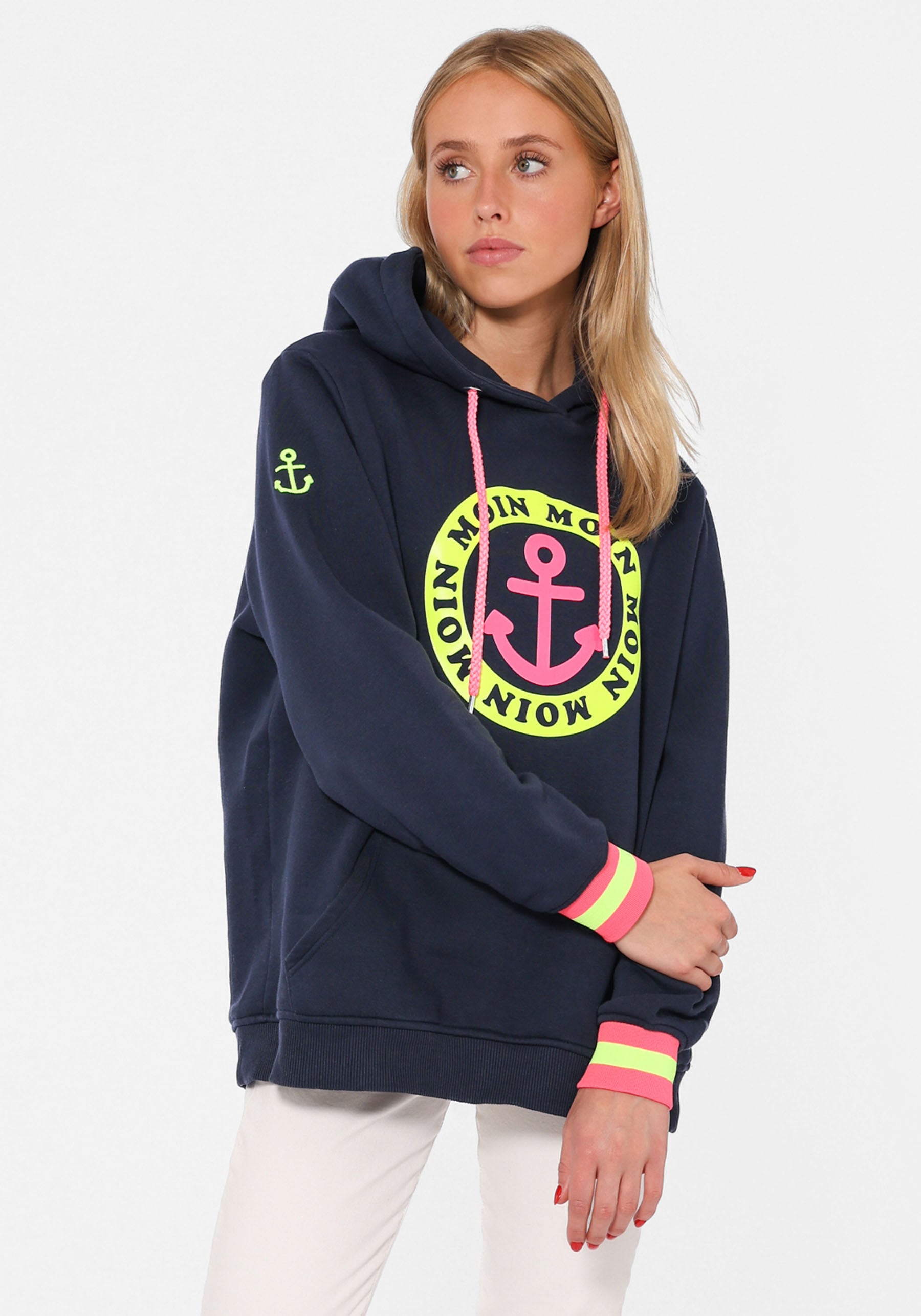 Zwillingsherz Hoodie , Langarm, Kapuze, Neon-Details, Kordelzug, Frontprint, Kängurutasche