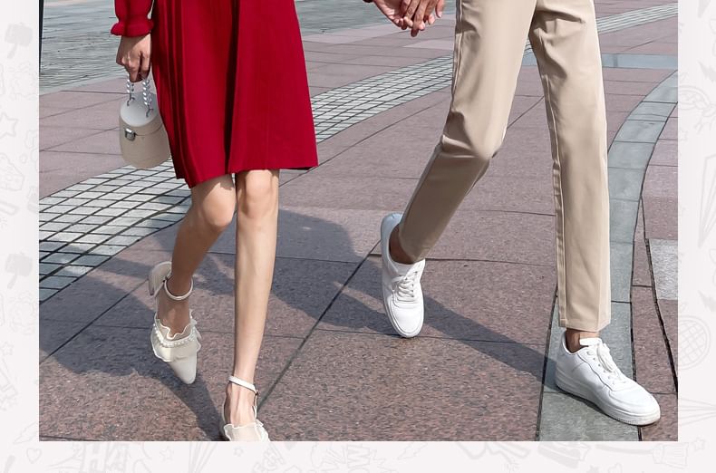 Azure - Matching Mock Two-Piece Midi Knit Dress met Puff-Sleeve en Tweekleurige Kunstparels / Lange Mouw Ronde Hals Gestreepte Trui / Middelhoge Rechte Broek