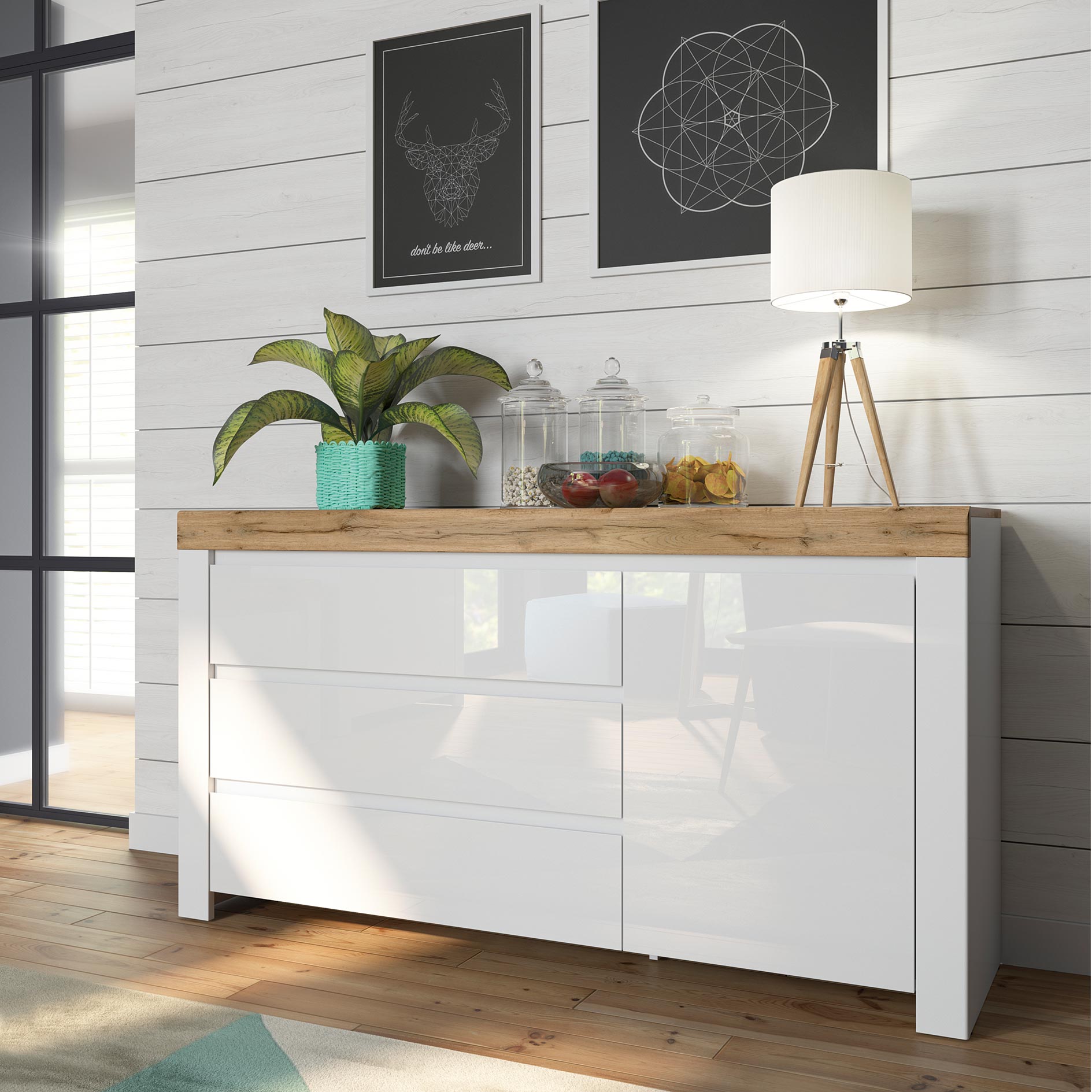 Sideboard - weiß Hochglanz-Wotan Eiche - 156 cm breit
